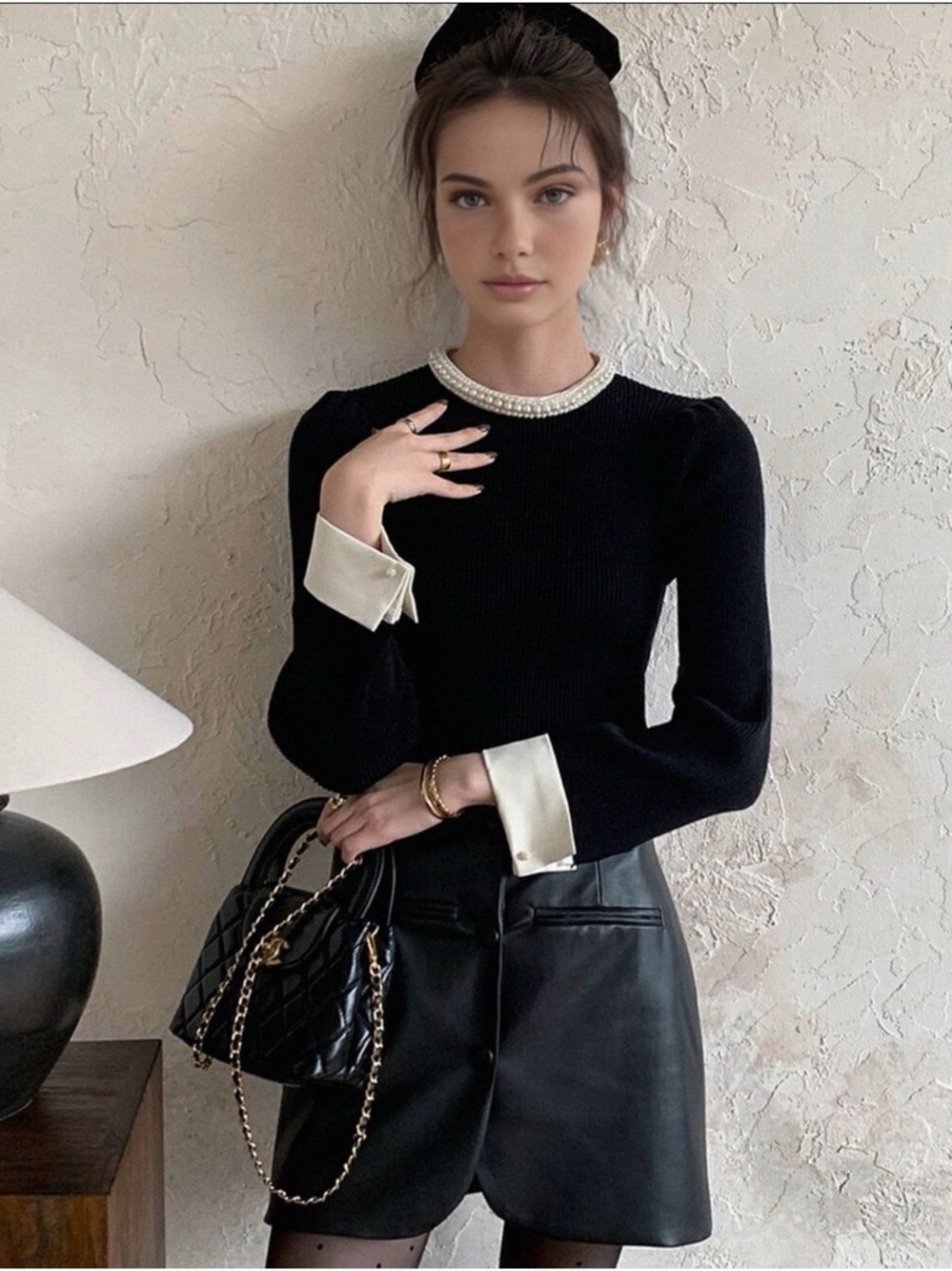 Commense Black Knit Sweater with Pearl Collar and Cream Cuffs